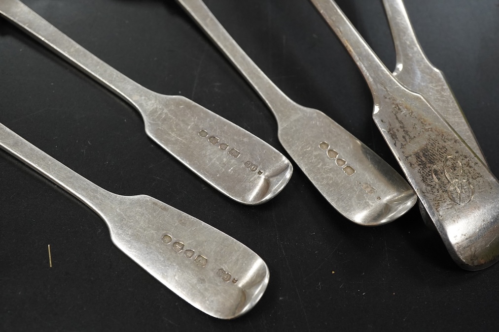 A pair of William IV silver fiddle pattern tablespoons and three Victorian fiddle pattern dessert spoons first length 22.5cm., weight approx. 9.21ozt